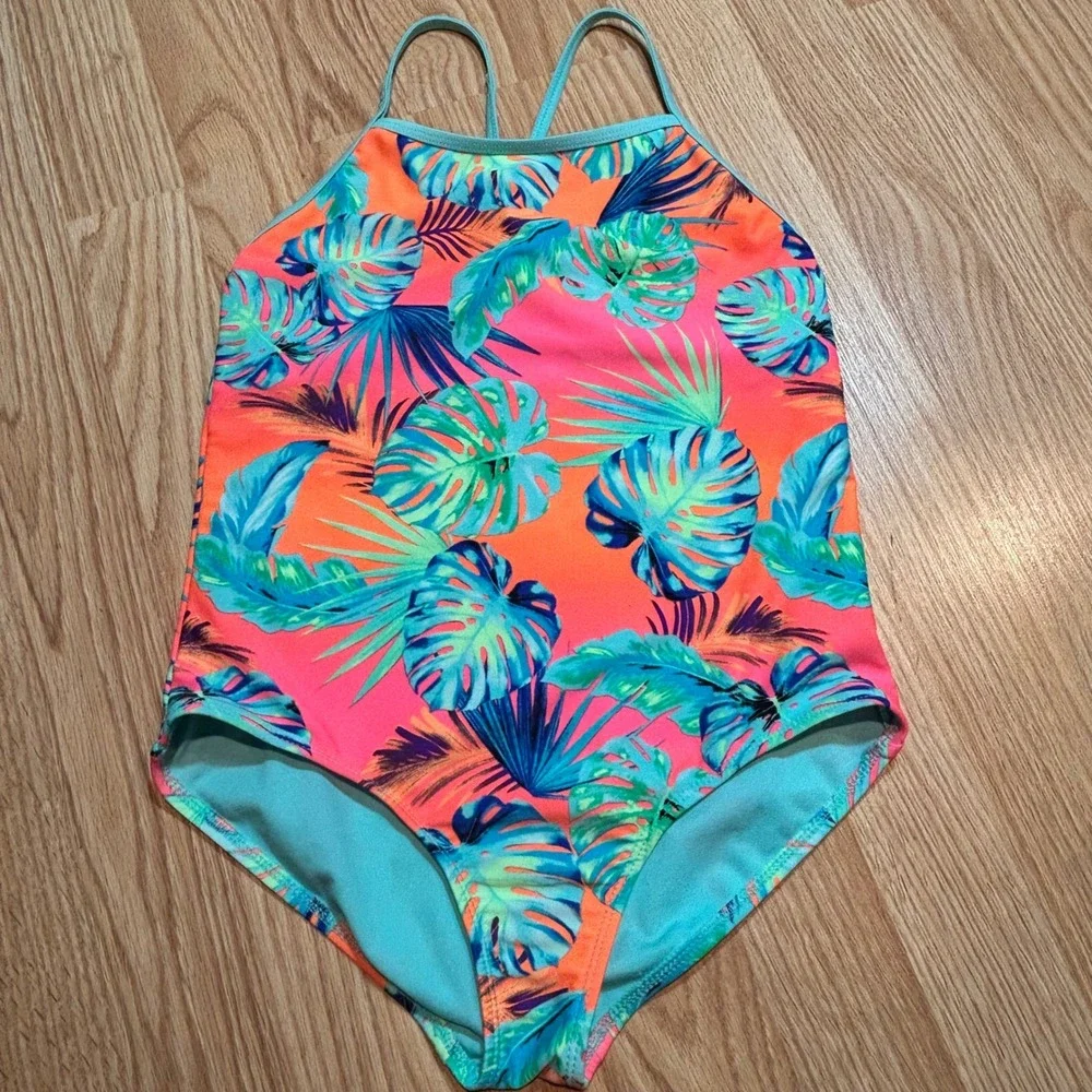 Wonder Nation Girls Tropical Leaf One Piece Swimsuit Pink Orange Teal Size 10-12